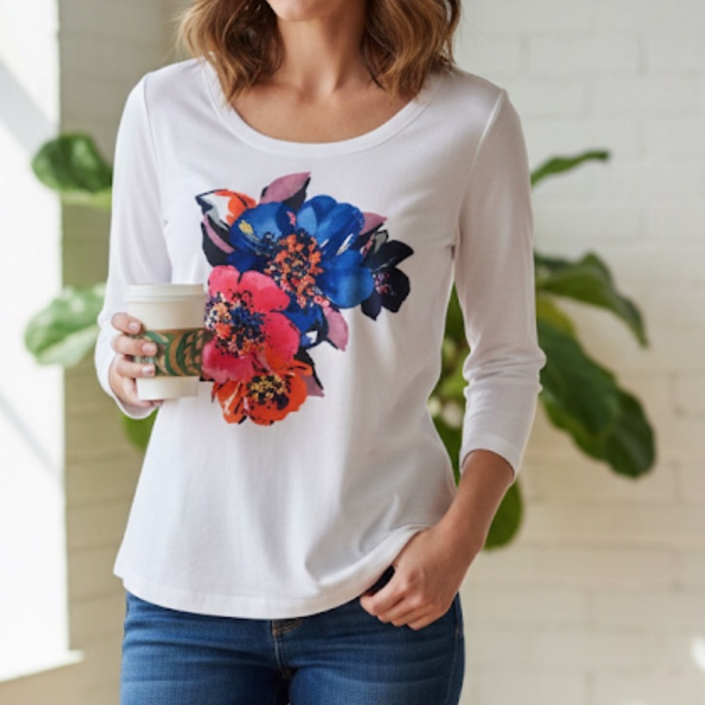 St. John Floral 3/4 Sleeve Embellished Top